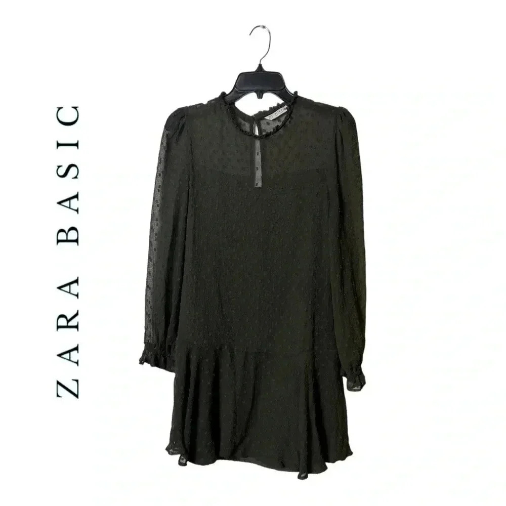0104. ZARA BASIC SWISS‎ DOT MINI LONG SLEEVE DRESS SIZE SMALL BROWN IN COLOR